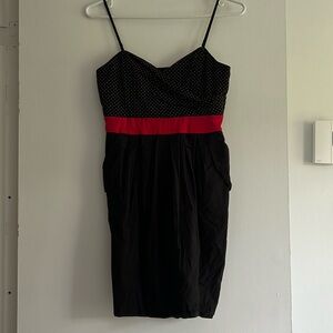 Polka Dot Black Dress with Red Accent & Pockets – Retro Chic Style